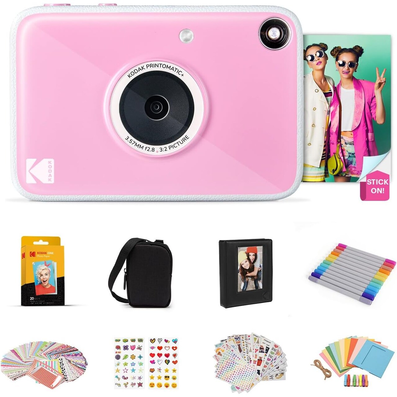 Kodak Printomatic+ Full Color Instant Print Digital Camera Gift Bundle + Case + Zink 2x3" Sticky Back Photo Paper 20pk + Album + Sticker Sets + Sticker Frames + Hanging Frames + Markers